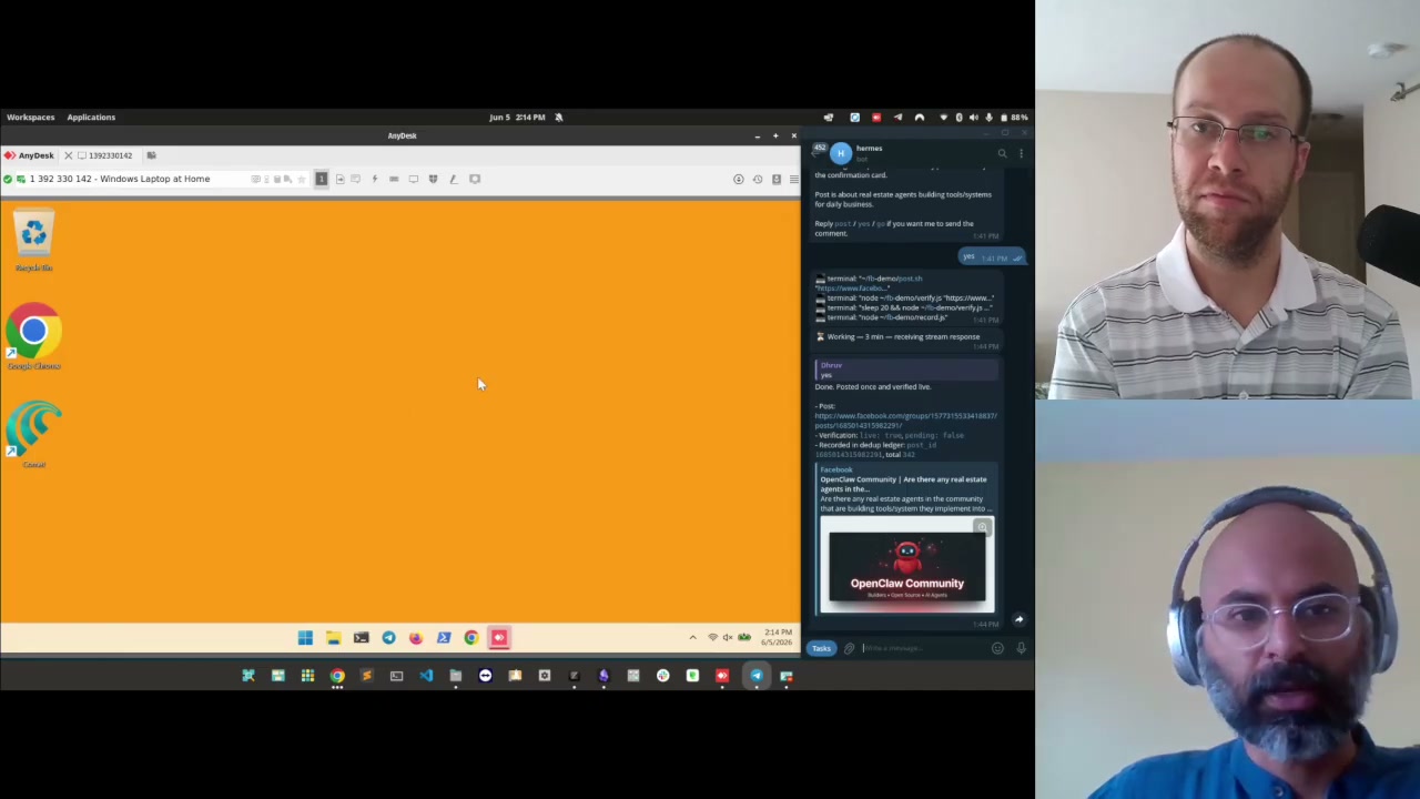 Hermes AI agents posting to a Facebook group via Telegram control and a separate automation machine