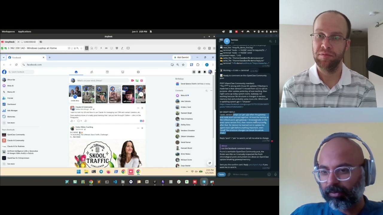 Hermes AI agents drafting a Facebook group reply for human approval before it posts
