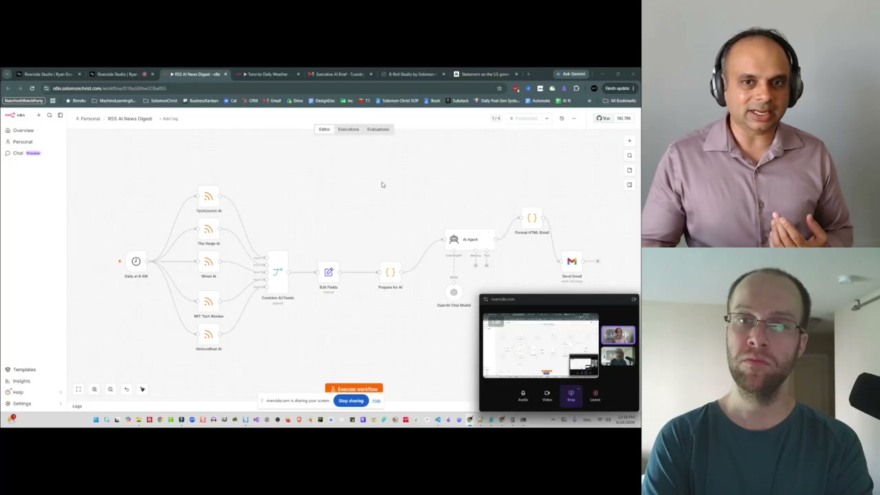 n8n daily AI news digest workflow showing deterministic nodes pulling from tech sites