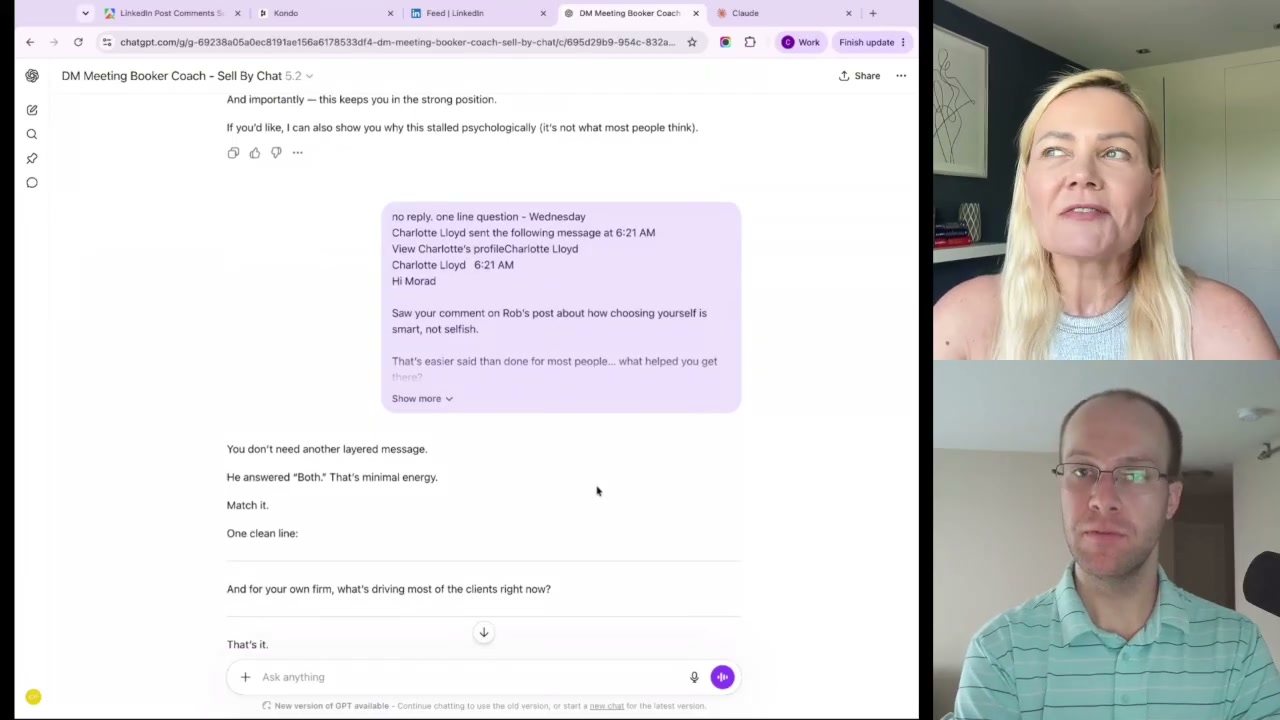 LinkedIn AI advice DM Meeting Booker custom GPT coaching a real sales conversation