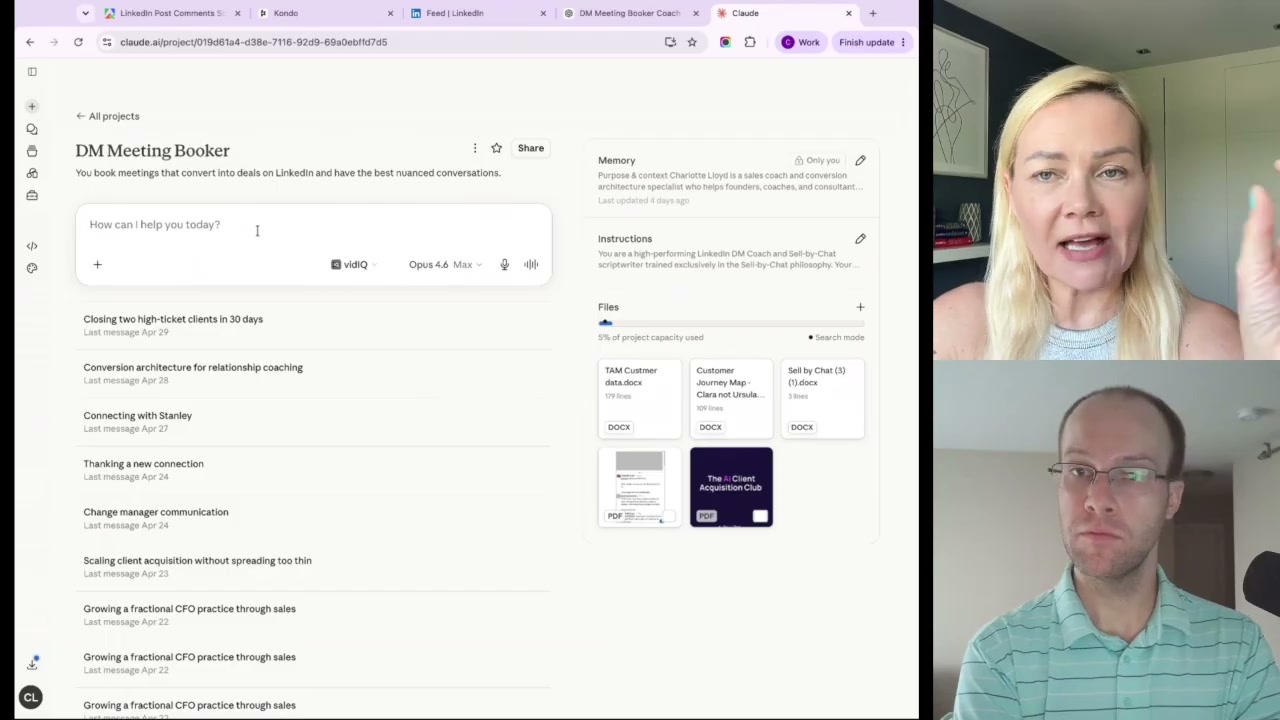LinkedIn AI advice Claude project trained on client data files for sales DMs