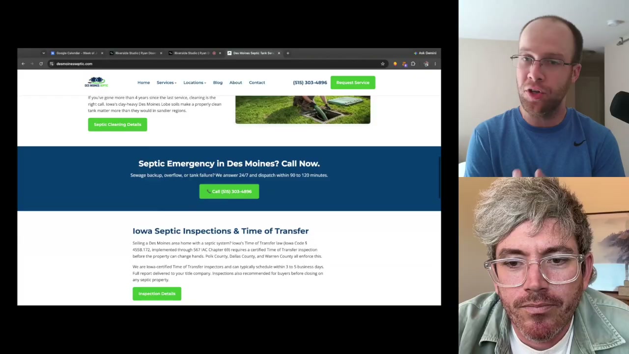 Rank and rent SEO septic website built with Claude Code showing local Des Moines service content