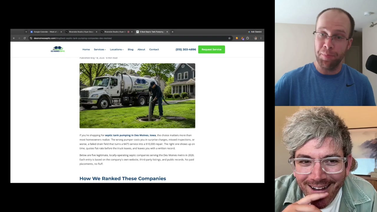 Rank and rent SEO blog post with AI generated local septic truck image on a Des Moines site