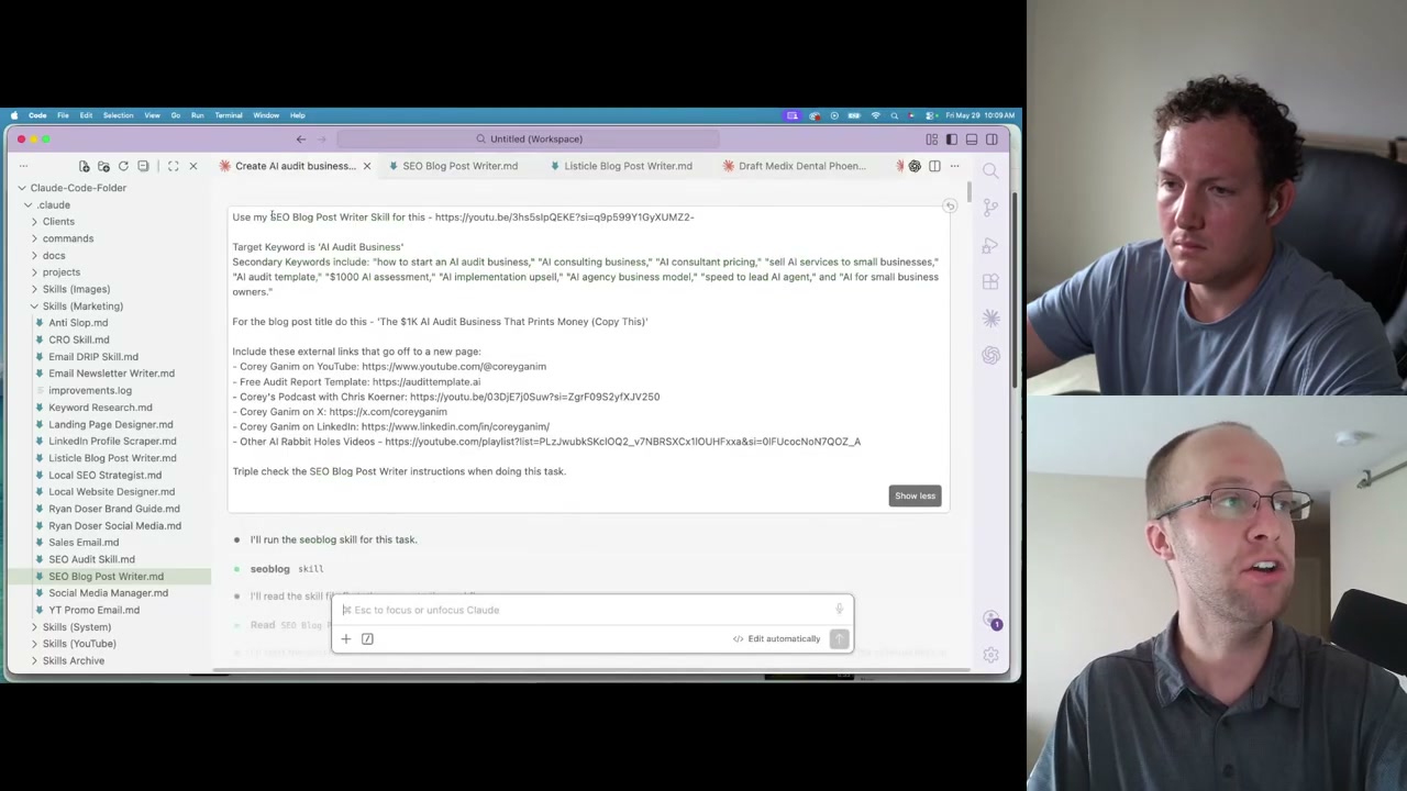SEOmaxxing workflow showing the Claude Code SEO blog post writer prompt with keyword and links