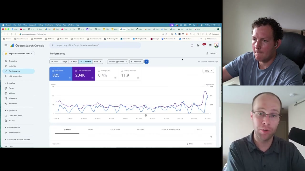 SEOmaxxing results in Google Search Console showing 204K impressions for a local business client