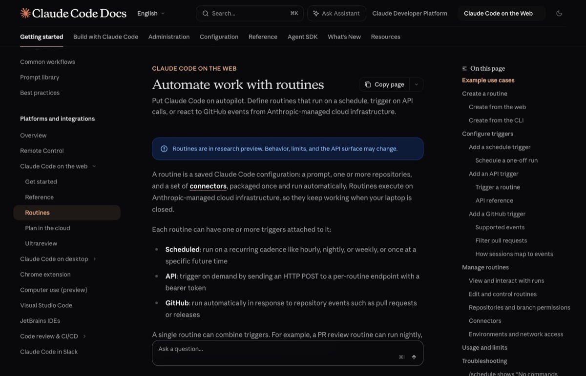 Best AI automation tools pick Claude Code Routines documentation showing schedule API GitHub triggers