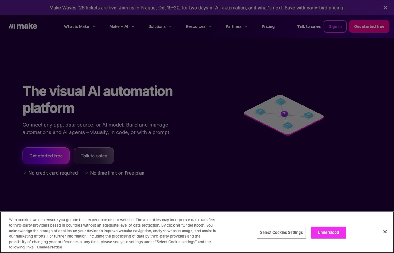 Best AI automation tools pick Make visual AI automation platform homepage
