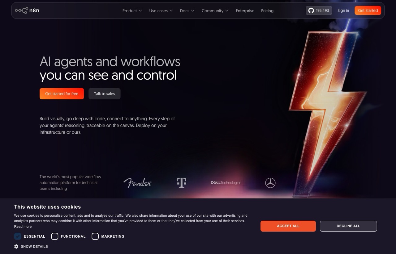 Best AI automation tools pick n8n homepage showing AI agents and workflows