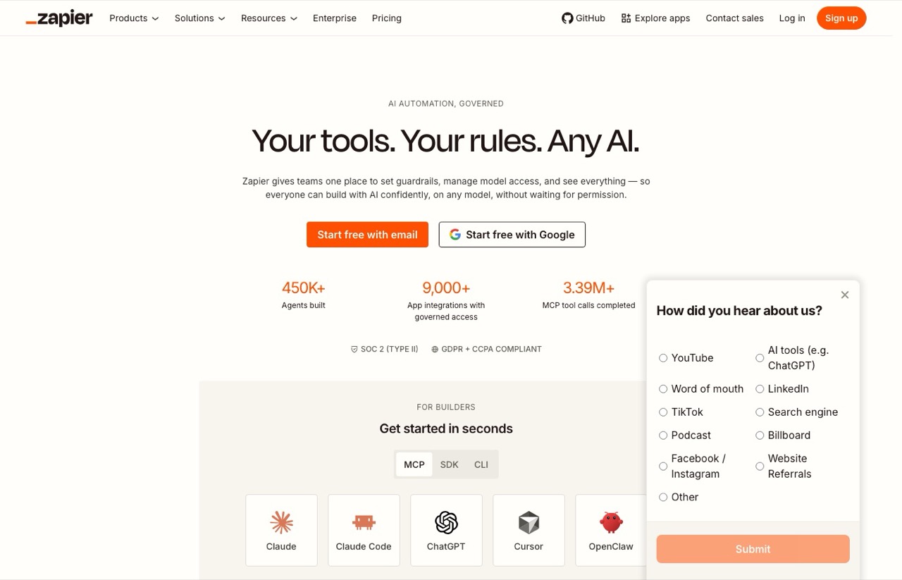 Best AI automation tools pick Zapier homepage showing AI agents and app integrations