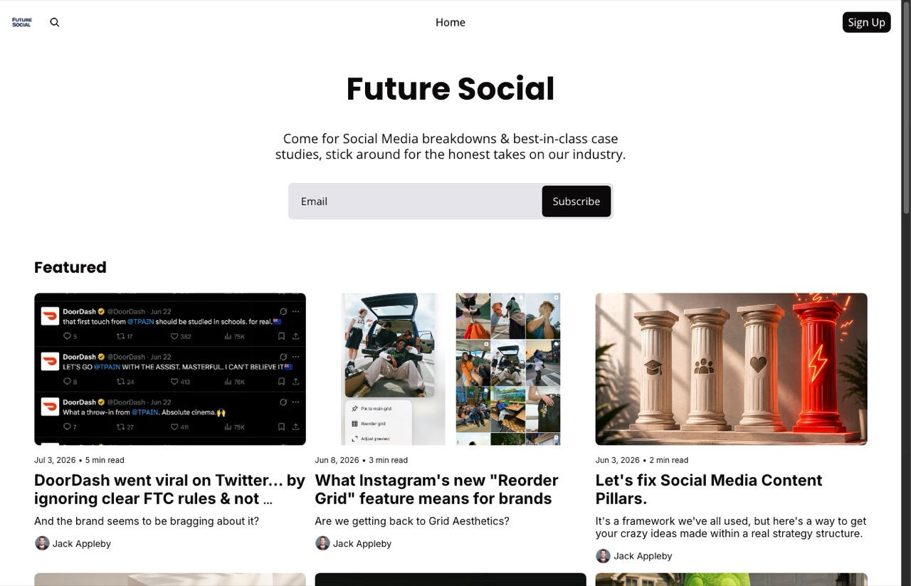 Best AI marketing newsletters pick Future Social by Jack Appleby homepage