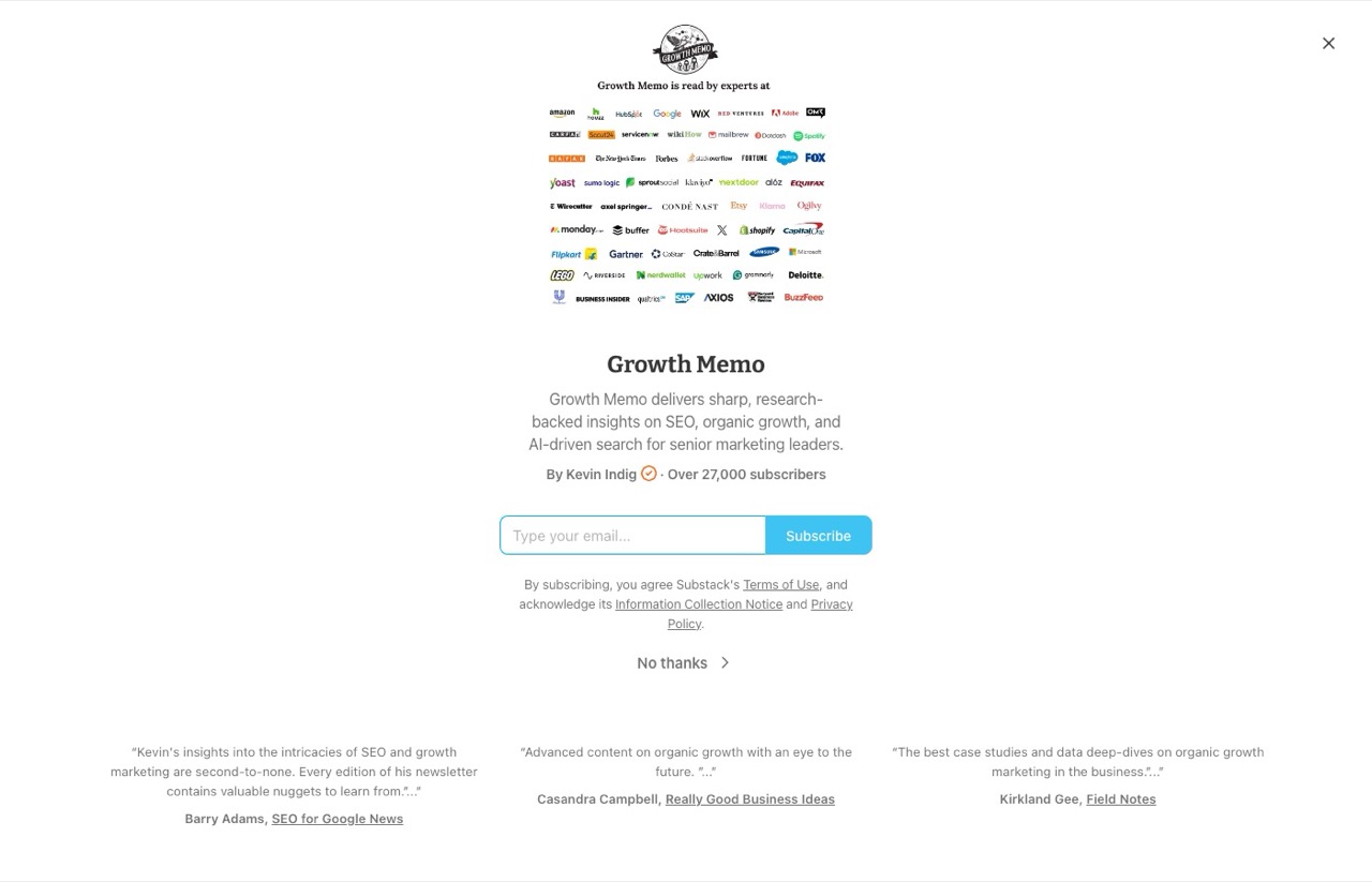 Best AI marketing newsletters pick Growth Memo by Kevin Indig subscribe page