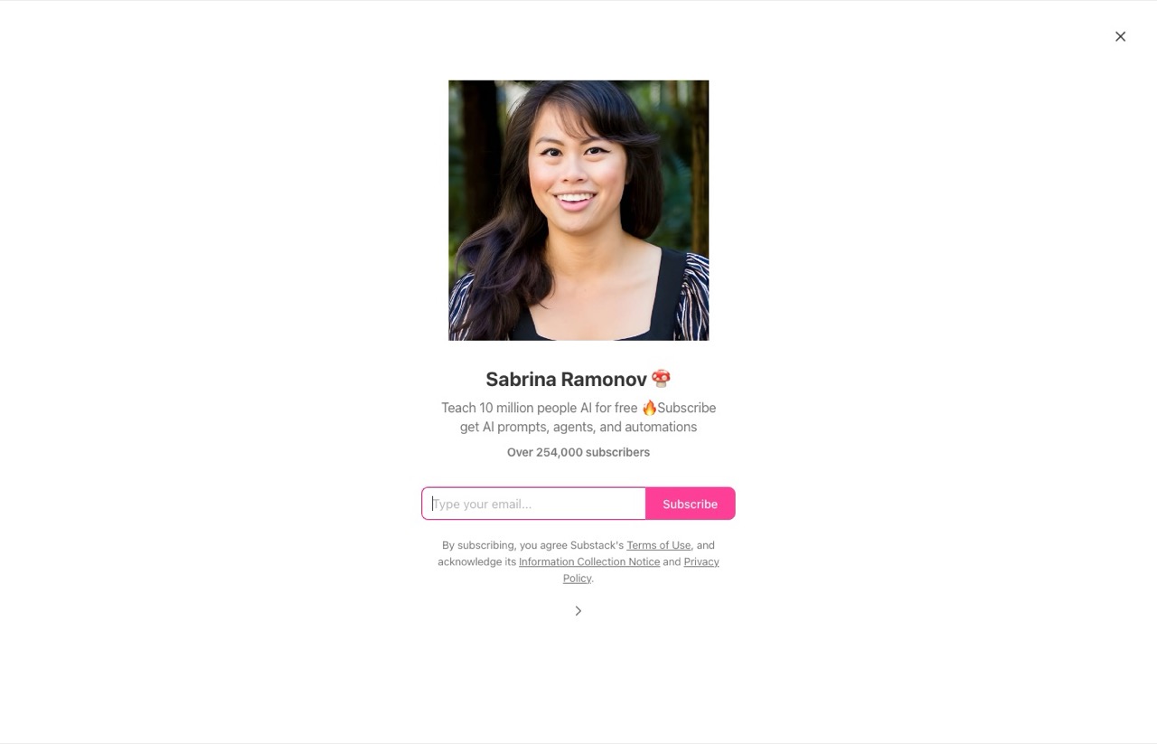 Best AI marketing newsletters pick Sabrina Ramonov Substack subscribe page