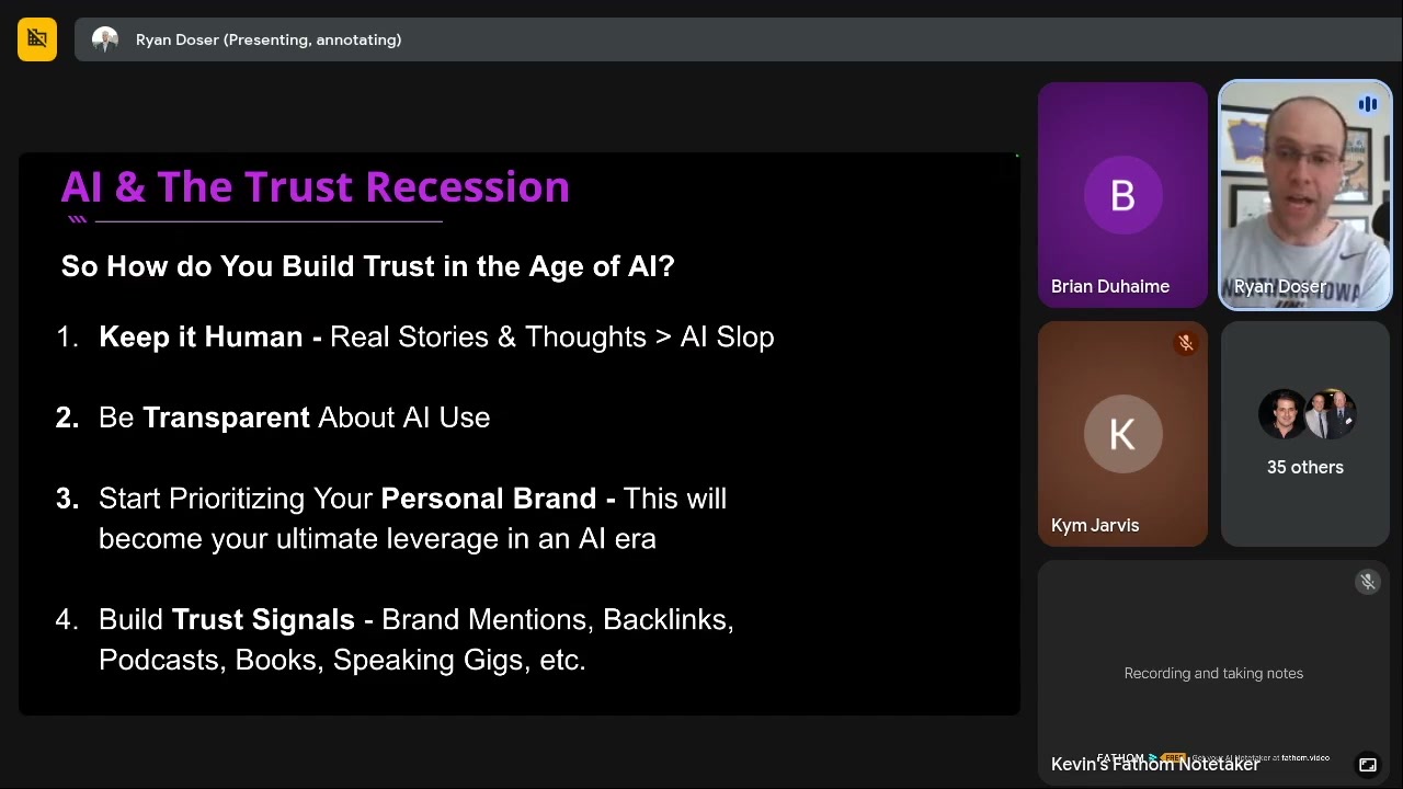Ryan Doser slide on how to build trust and a personal brand in the AI era