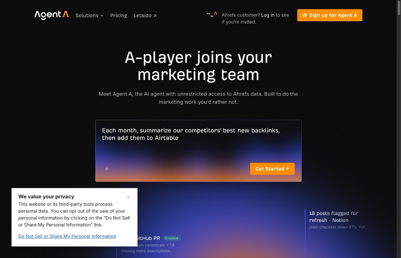 Ahrefs Agent A page, an AI SEO agent for link building
