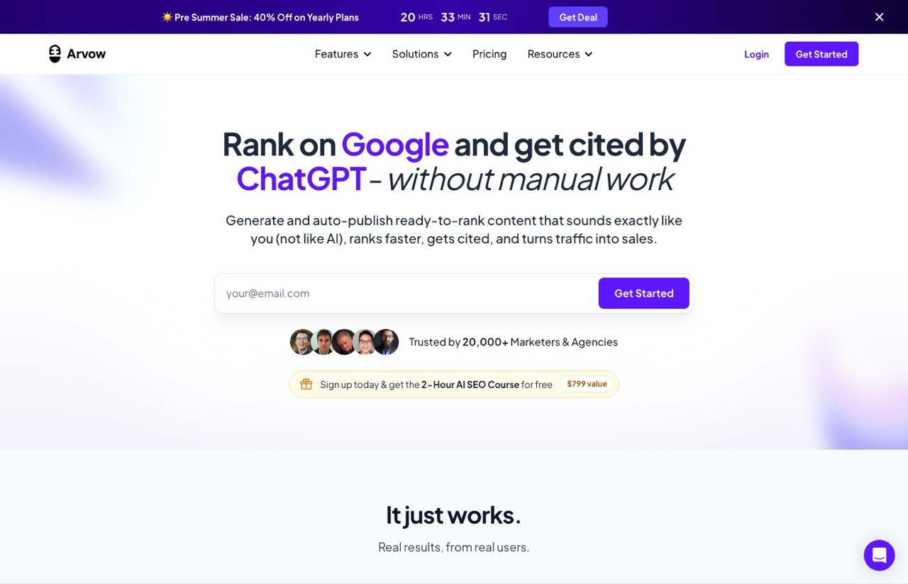 Arvow homepage, an AI SEO autoblogging tool that auto-publishes content