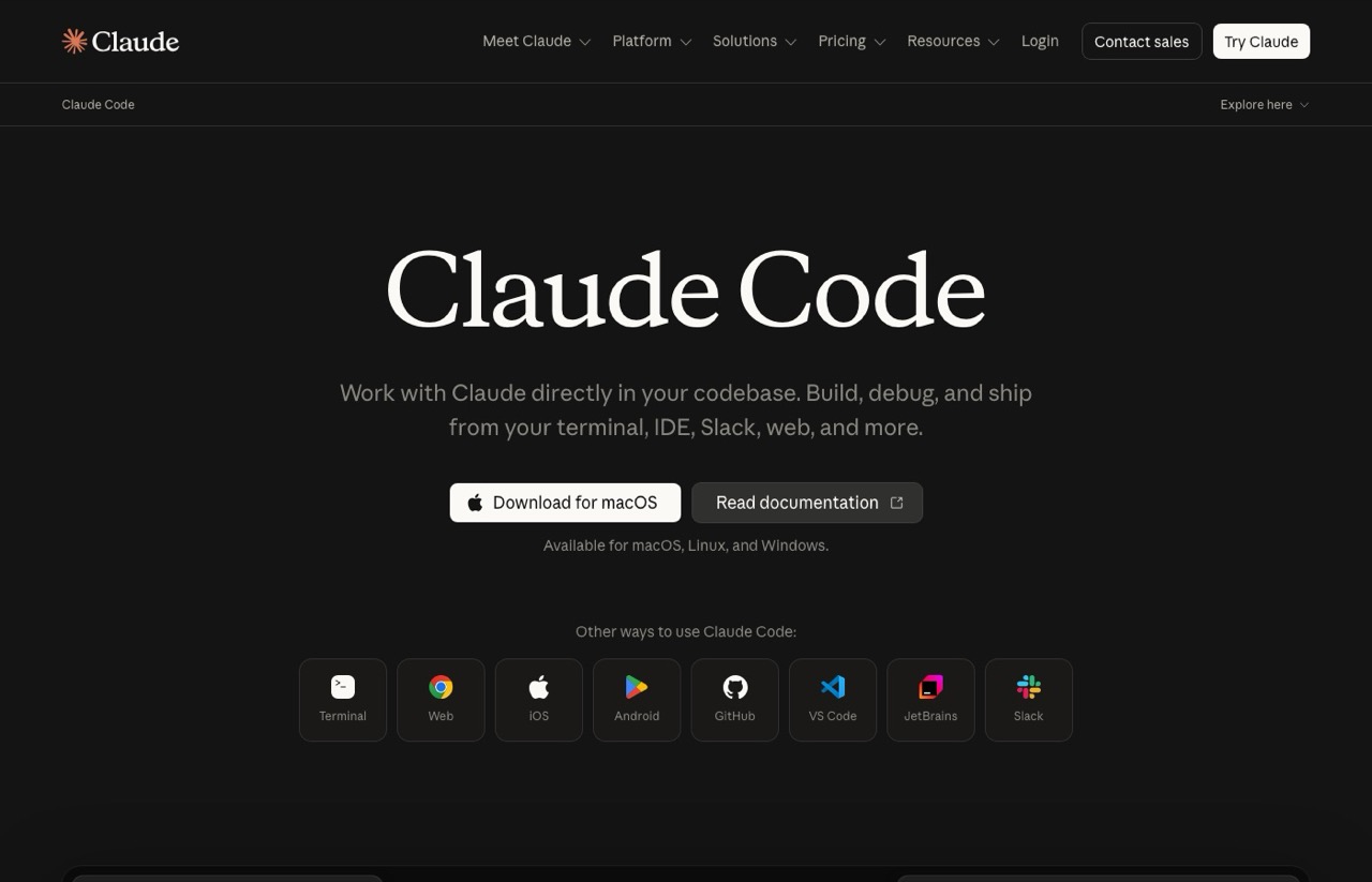 Claude Code page, a programmable agent used as an AI SEO tool