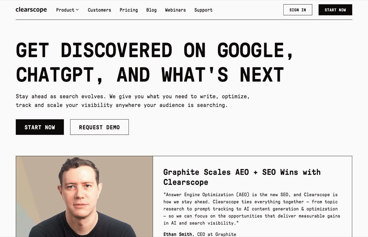 Clearscope homepage, a premium AI SEO content grading tool