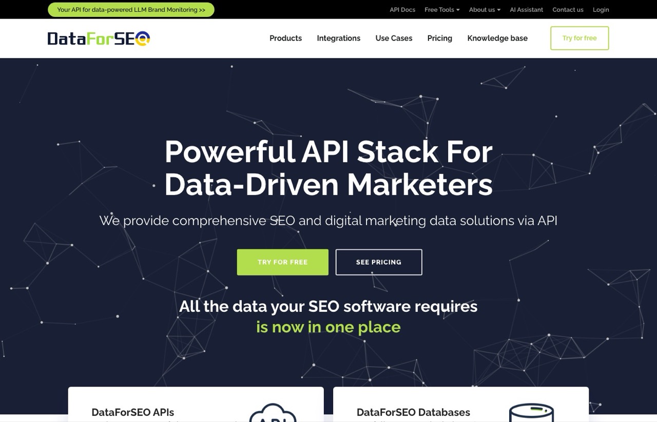 DataForSEO homepage, an AI SEO data API with a Claude MCP server