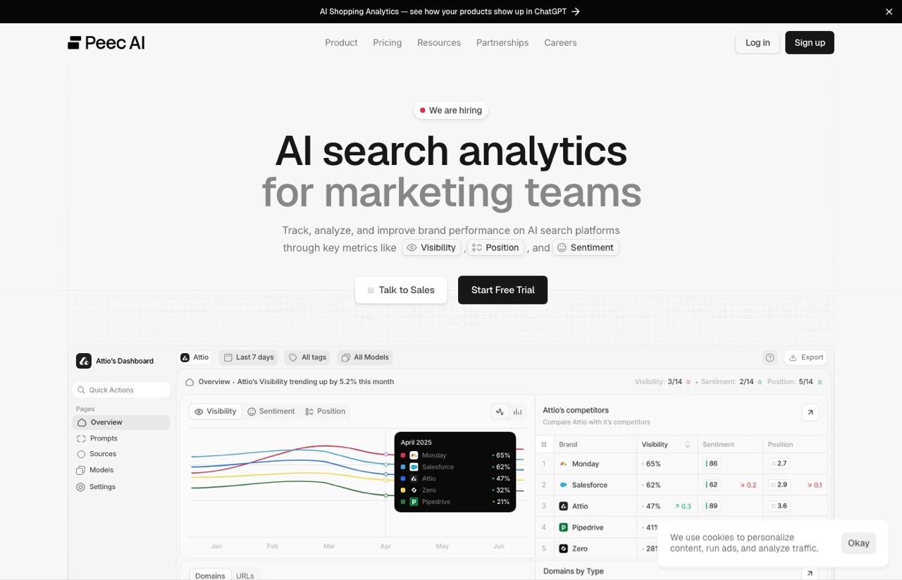 Peec AI dashboard, an AI SEO visibility tracker for marketing teams