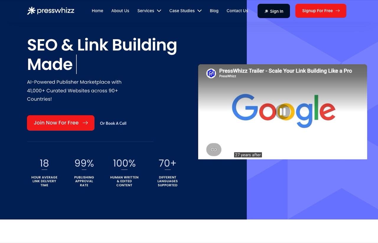 Presswhizz homepage, a link building marketplace for AI SEO trust signals