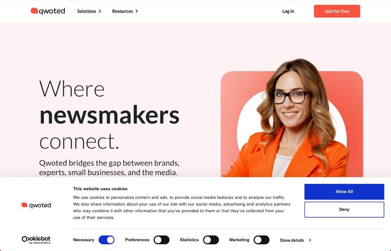 Qwoted homepage, a media-sourcing platform for digital PR mentions
