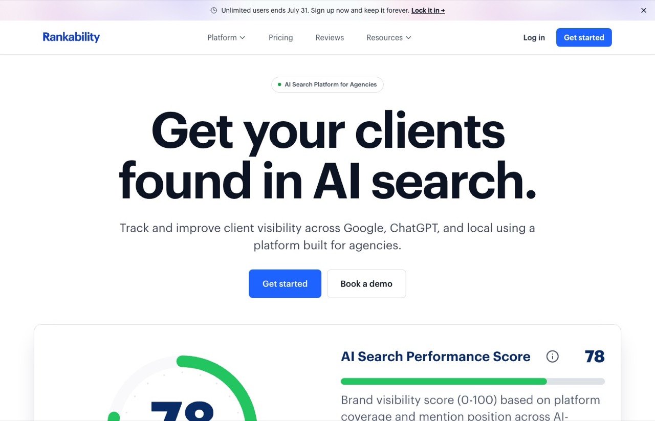 Rankability homepage, an agency AI SEO optimization tool