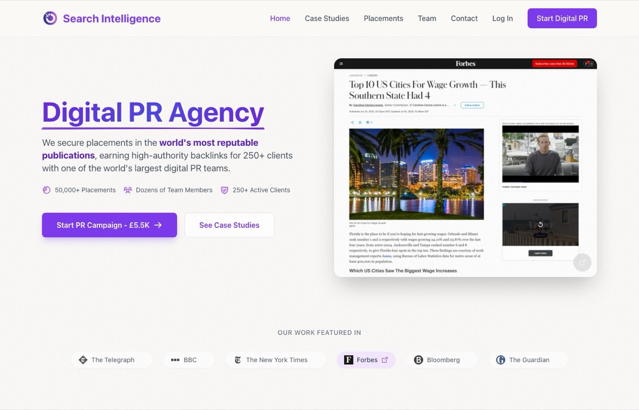 Search Intelligence homepage, a digital PR agency for earned links