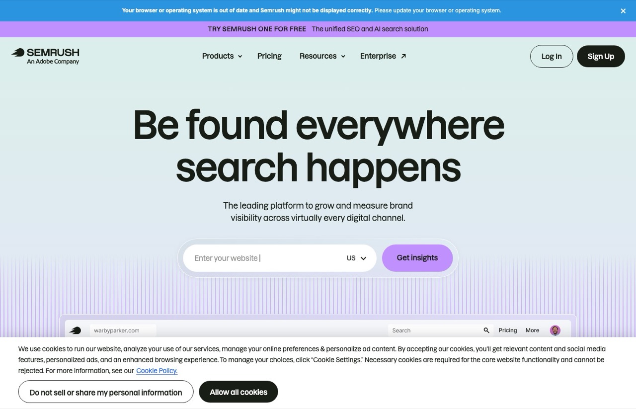 Semrush homepage, an all-in-one AI SEO suite