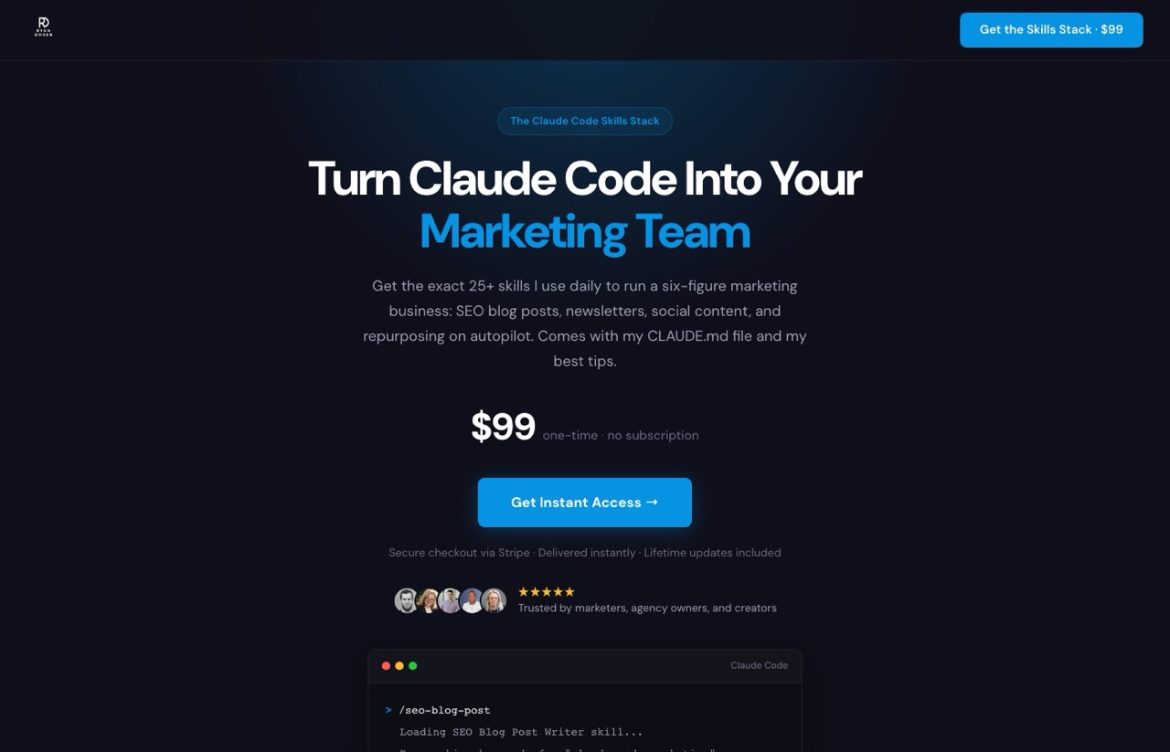 AI side hustles for marketers: the Claude Code Skills Stack product page
