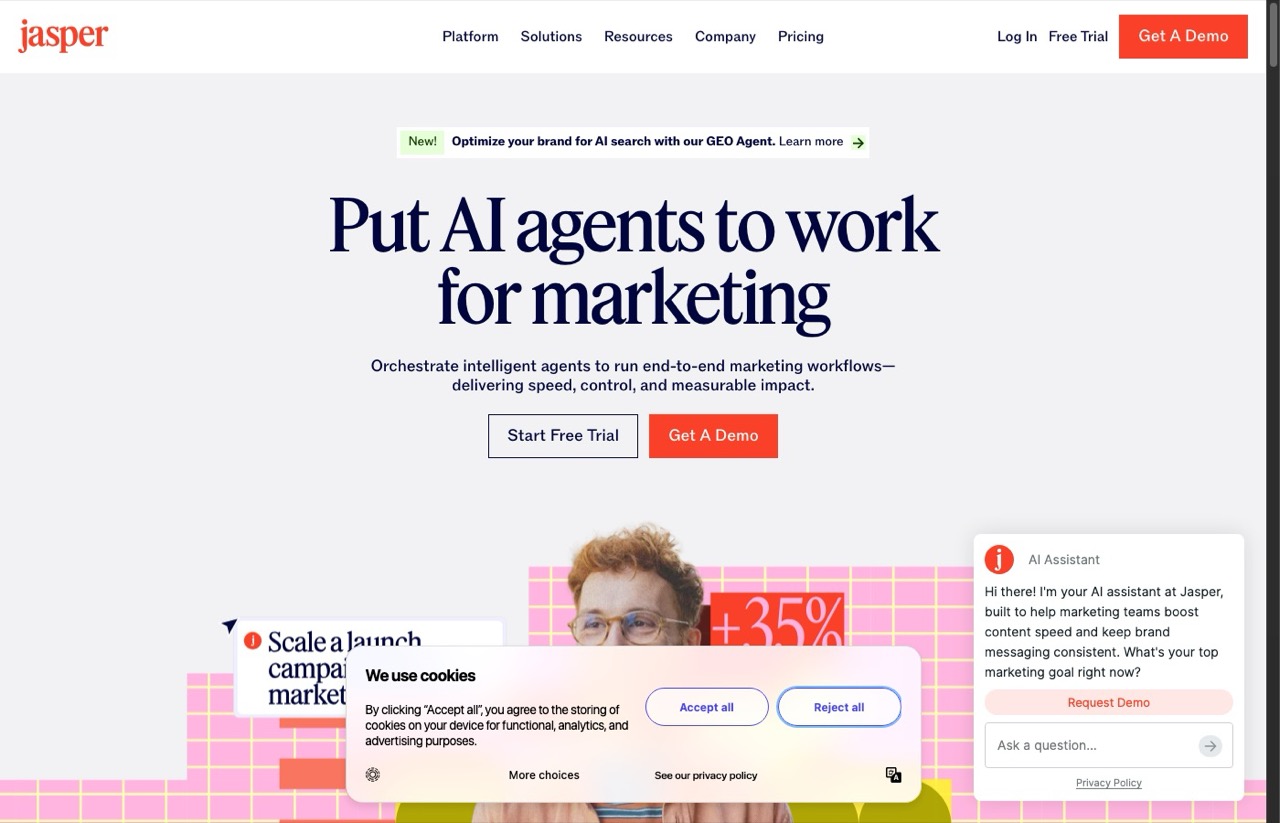 Best AI writing tools pick Jasper AI marketing platform homepage
