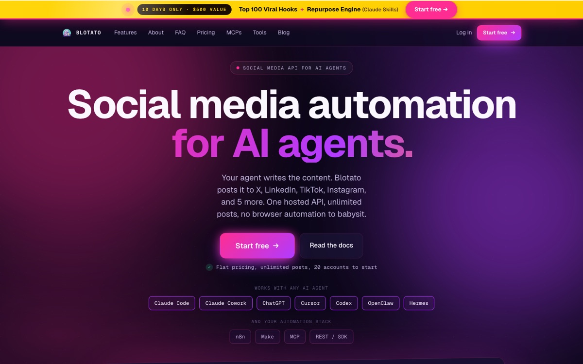 Blotato homepage in 2026 showing social media automation for AI agents