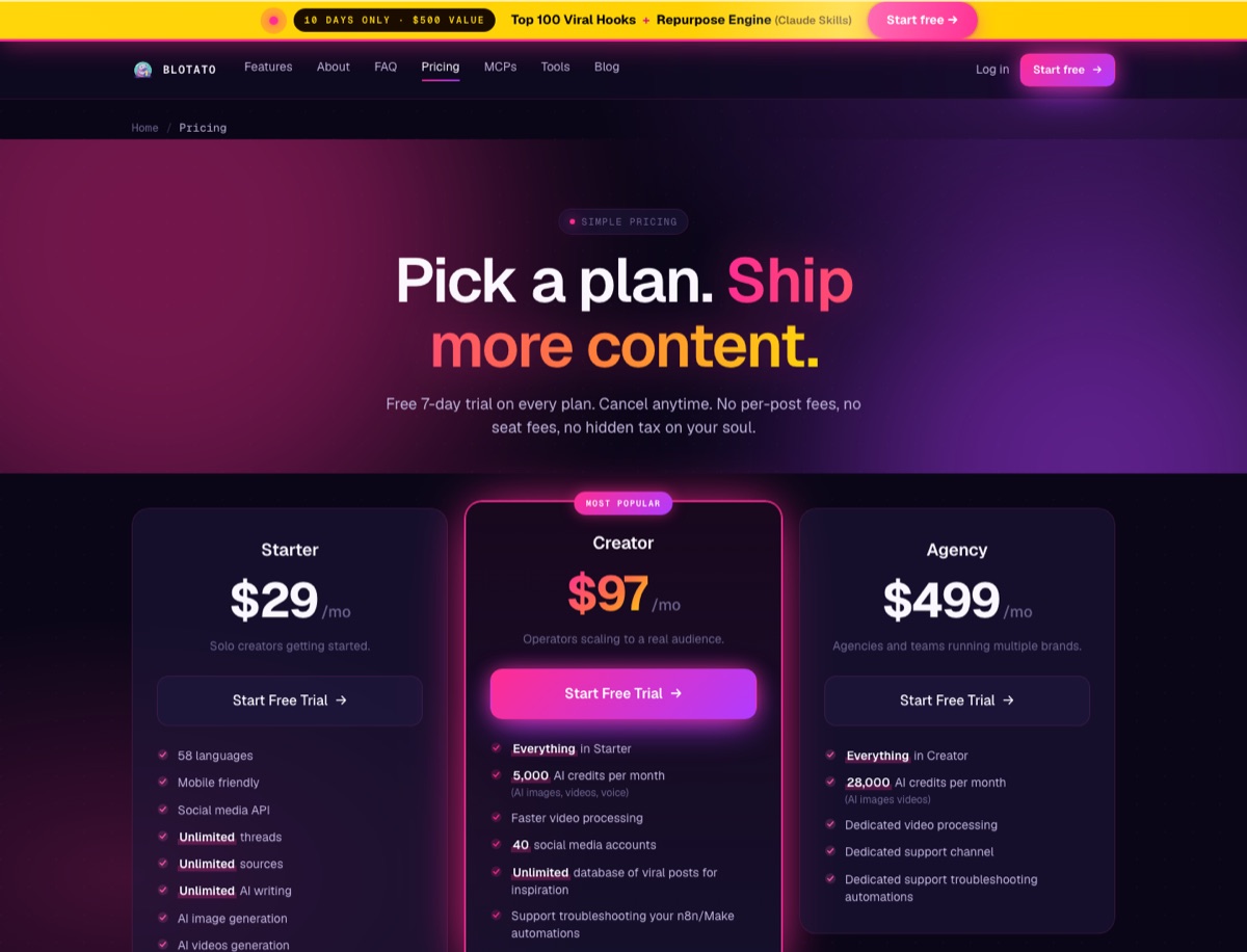 Blotato pricing page showing Starter $29, Creator $97, and Agency $499 plans