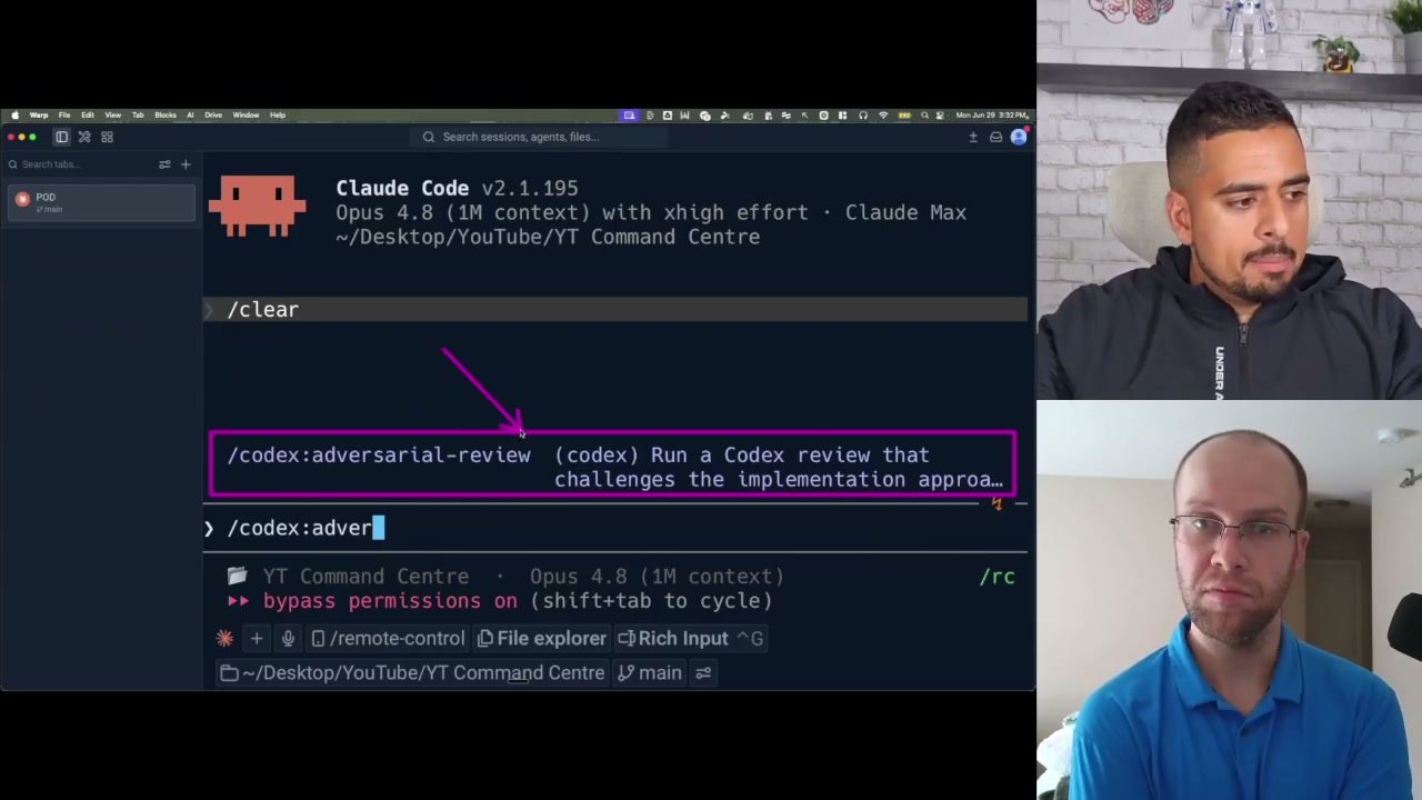 Claude Code hacks setup showing the Codex adversarial review command inside Warp terminal