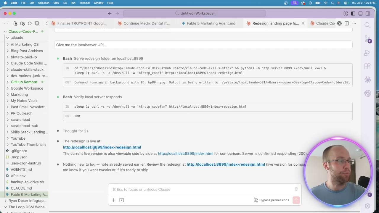 Claude Fable 5 serving a redesigned landing page on localhost inside Claude Code