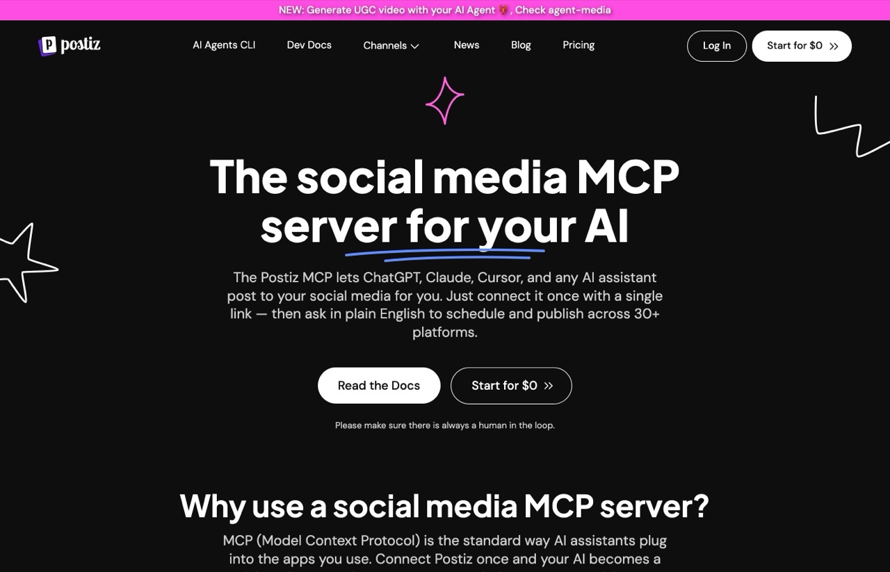 Postiz MCP server homepage describing social media publishing for AI assistants