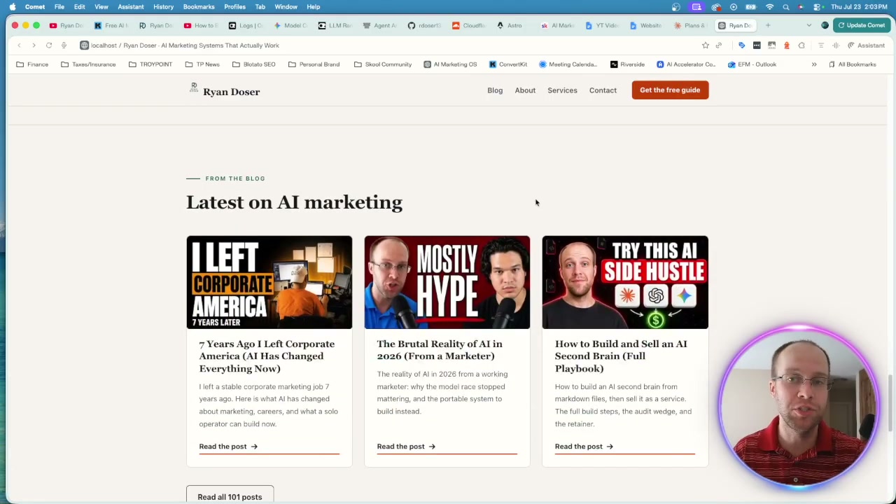 Open source AI model web design output showing a rebuilt blog section on the ryandoser.com homepage