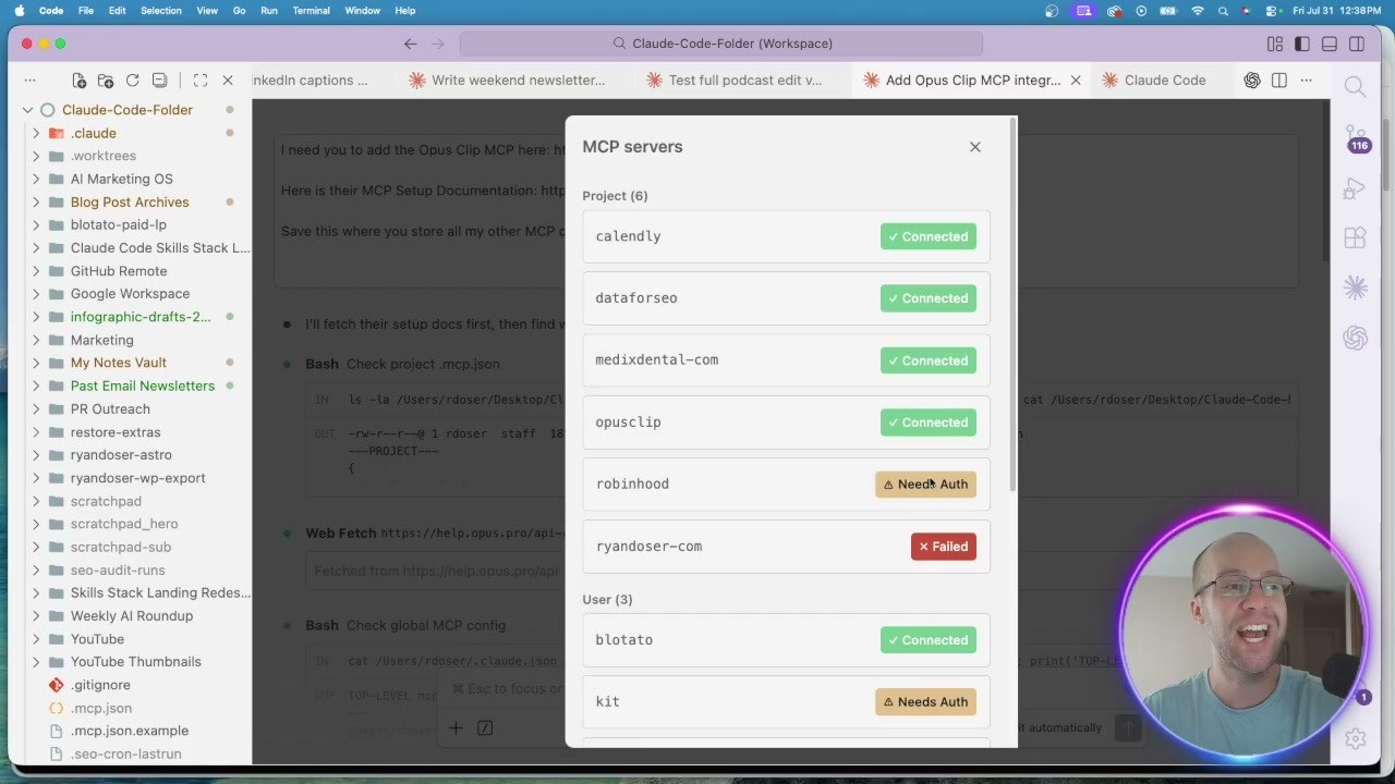 OpusClip MCP listed as connected in the Claude Code MCP servers panel alongside other configured servers