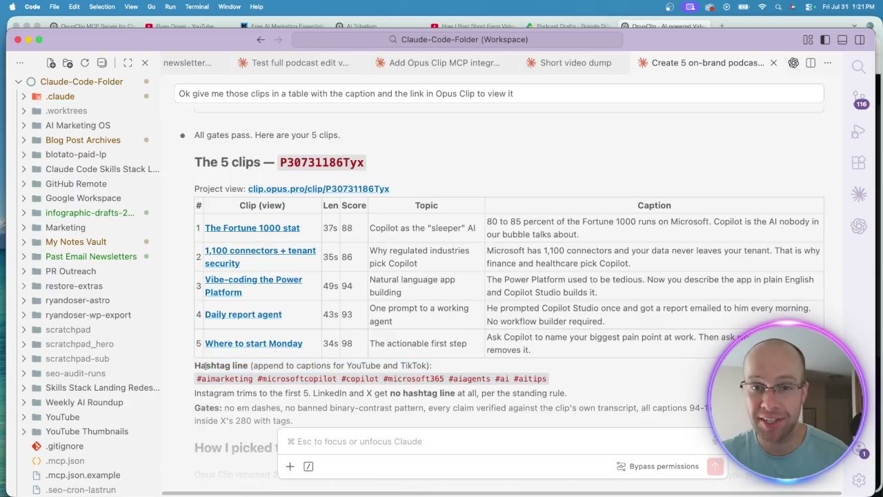 OpusClip MCP results table in Claude Code showing five podcast clips with viral scores captions and links