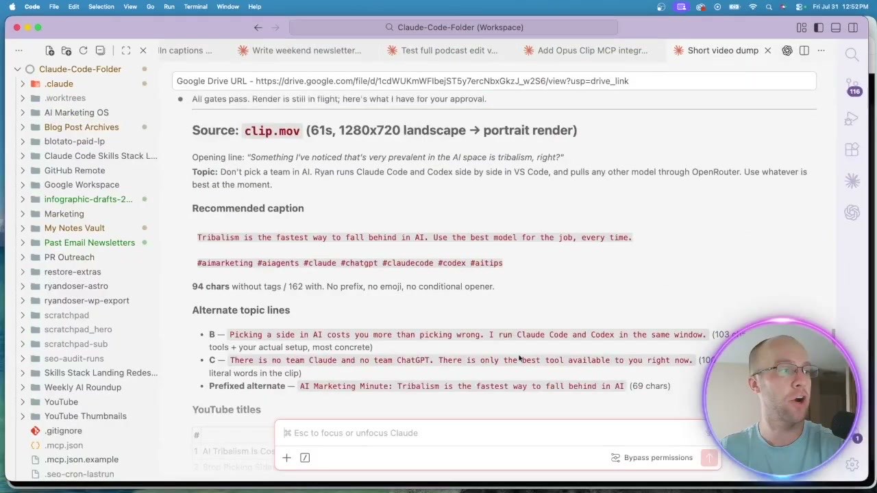 Claude Code returning a rendered clip with a recommended social caption and alternate topic lines for approval