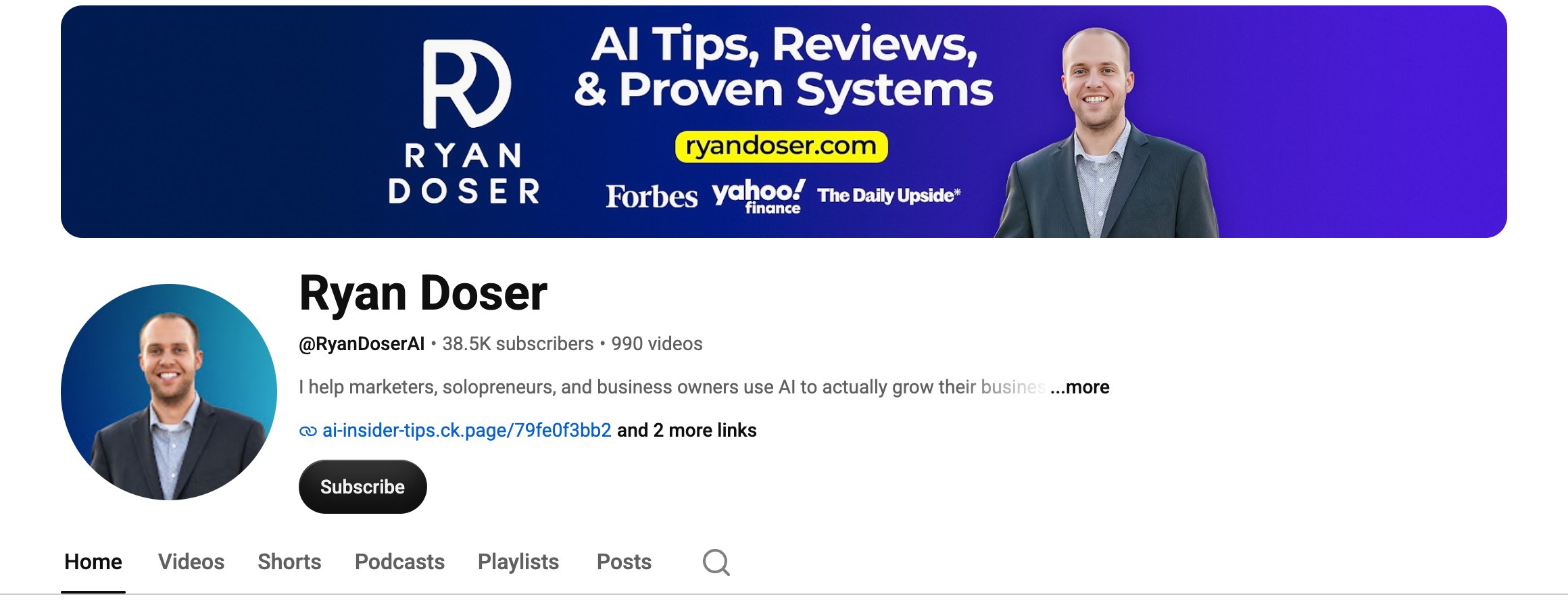 Ryan Doser's YouTube channel showing 38.5K subscribers and 990 videos, with Forbes, Yahoo Finance and The Daily Upside features on the channel banner