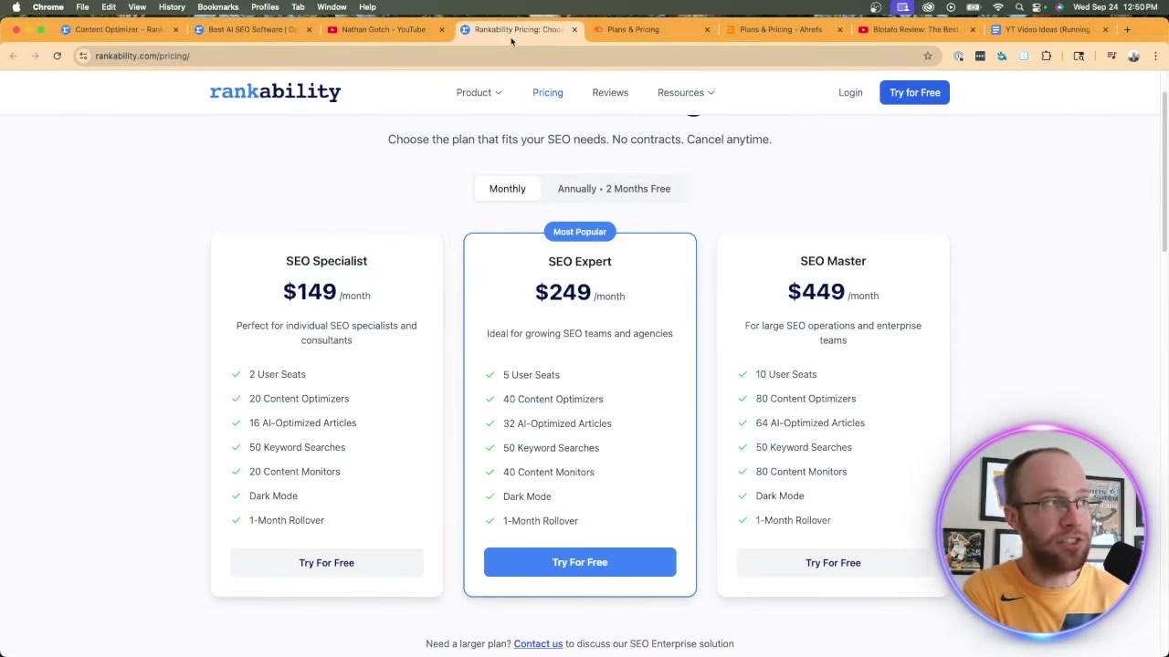 AI SEO tool pricing tiers shown during a hands-on review