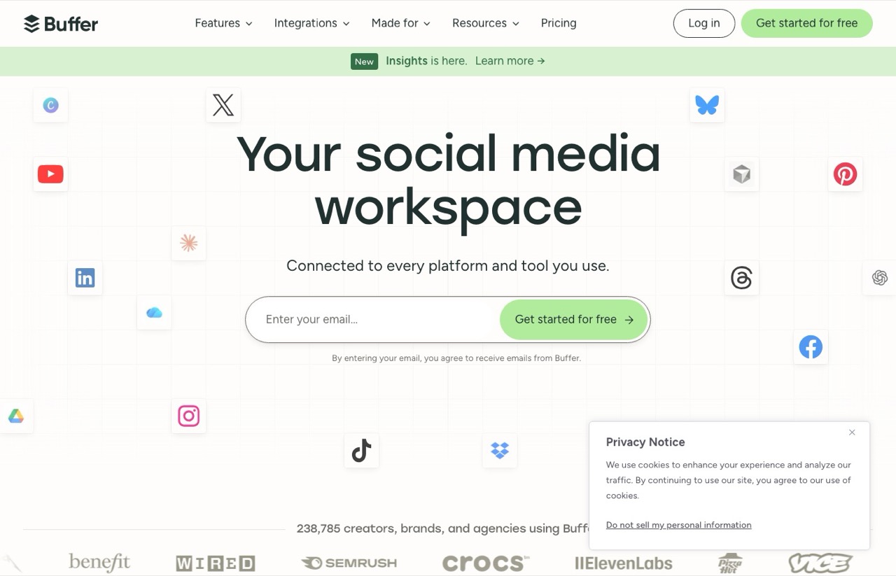 Buffer homepage showing connected social platforms for its social media workspace