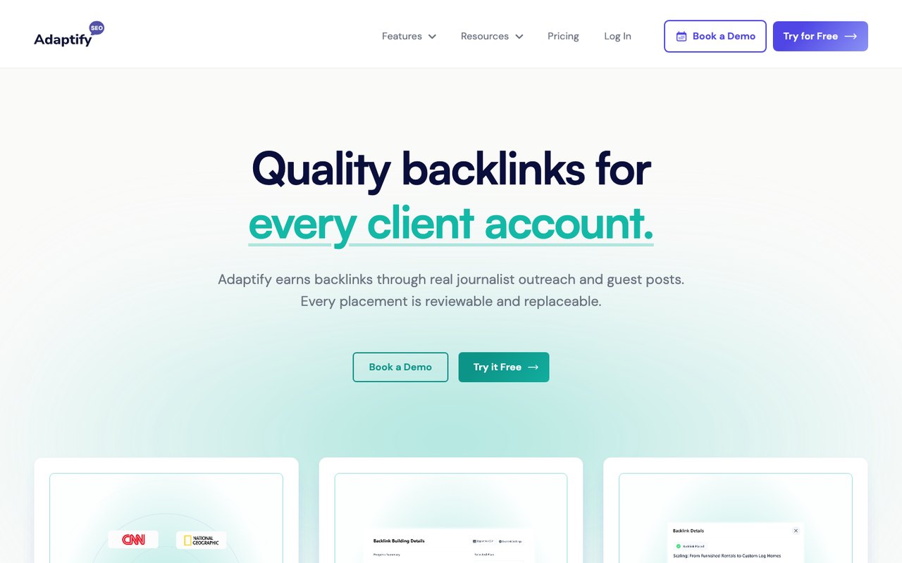 Adaptify backlinks feature page stating that it earns backlinks through real journalist outreach and guest posts, and that every placement is reviewable and replaceable