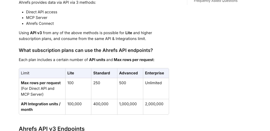 Ahrefs help center table showing API v3 works on Lite and higher with max rows per request and API units by plan