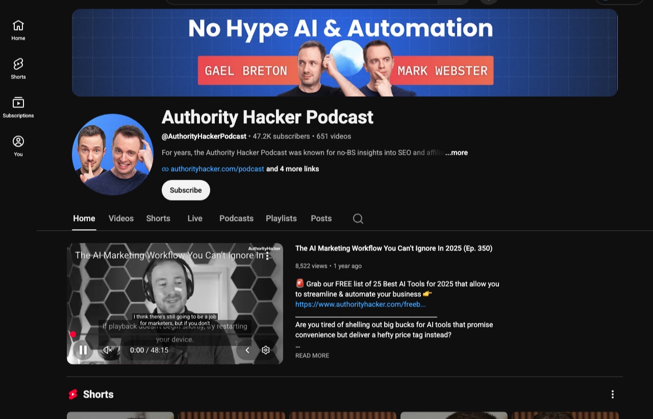 AI content creators to follow, Authority Hacker Podcast YouTube channel with 47.2K subscribers