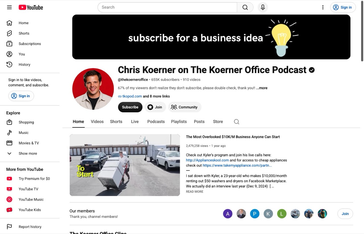 AI content creators to follow, Chris Koerner The Koerner Office channel with 655K subscribers