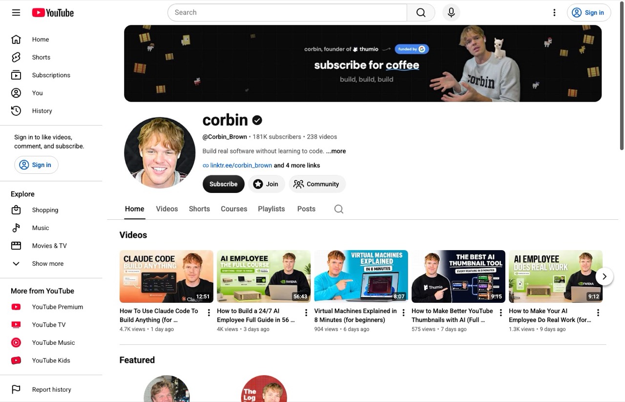 AI content creators to follow, Corbin Brown YouTube channel with 181K subscribers