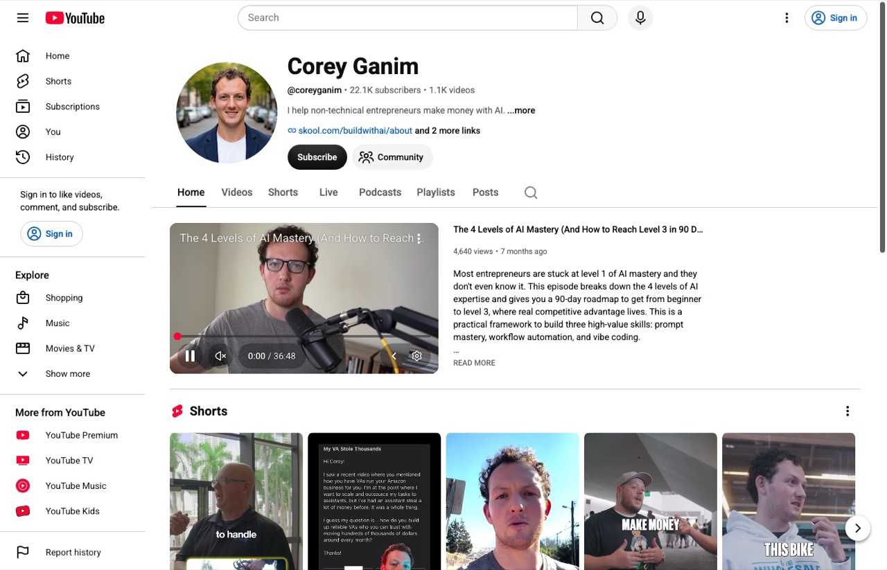 AI content creators to follow, Corey Ganim YouTube channel for non-technical entrepreneurs