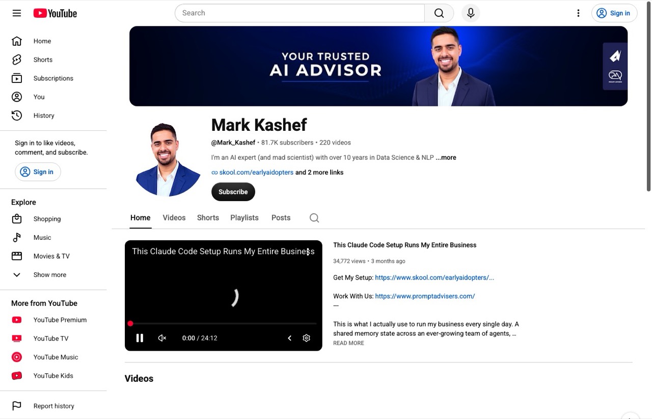 AI content creators to follow, Mark Kashef YouTube channel with 81.7K subscribers