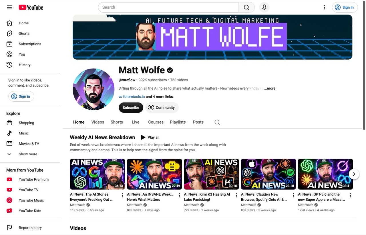 AI content creators to follow, Matt Wolfe YouTube channel with 992K subscribers